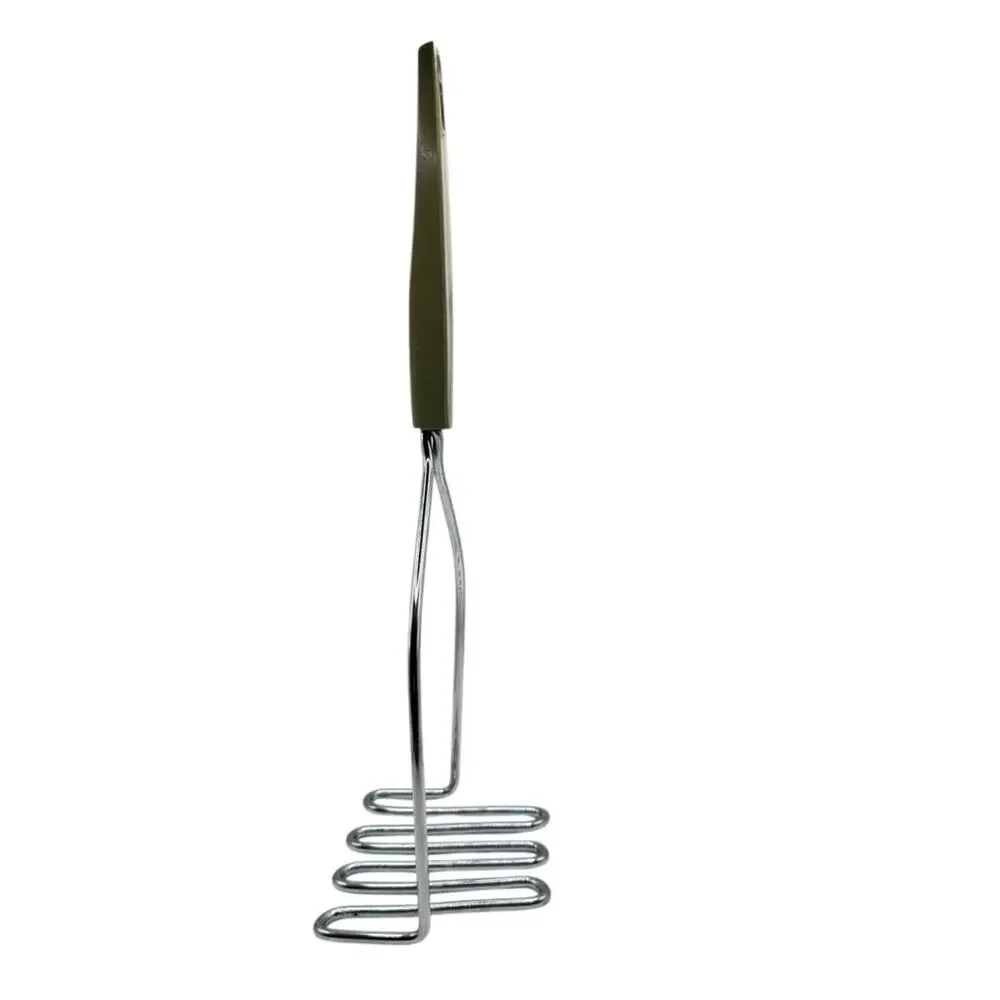 Vintage MCM Stainless Steel Potato Masher with Avocado Green Handle 60's 70's